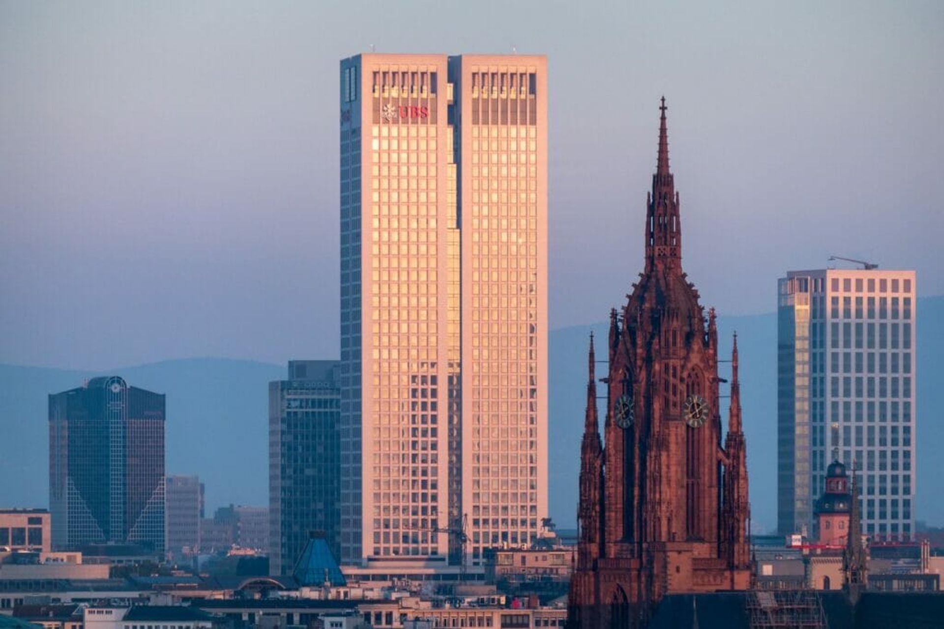 Frankfurt Germany cityscape with modern skyscrapers and river Main