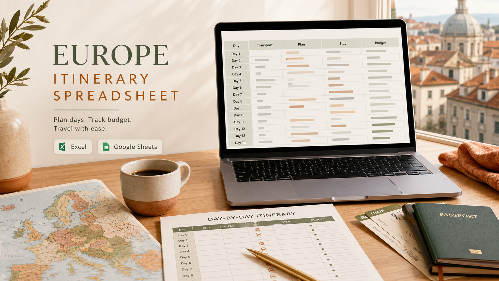 Free Europe Travel Itinerary Template for Excel and Google Sheets