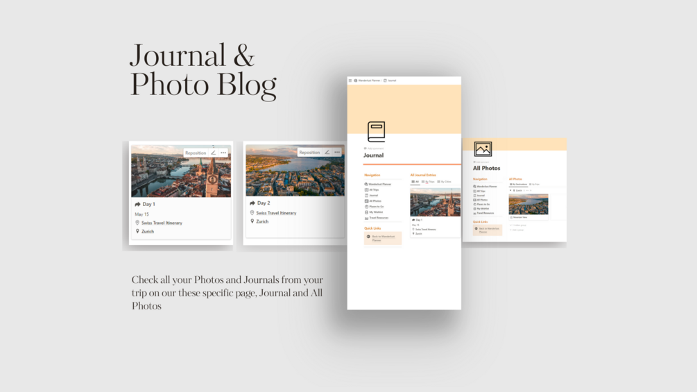 Notion travel journal and photo blog inside Wanderlust Planner