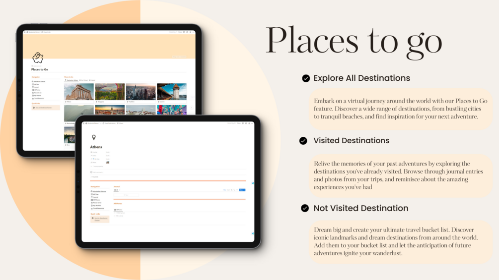 Travel destinations and places to go dashboard